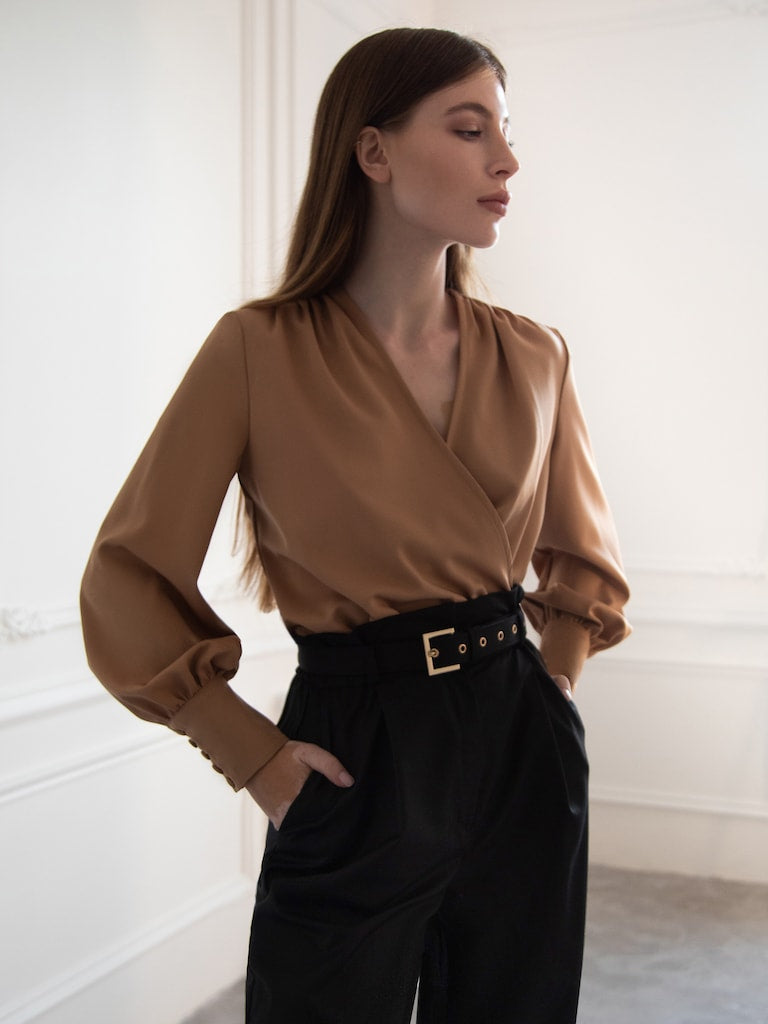 Overlap Bishop Sleeve Blouse